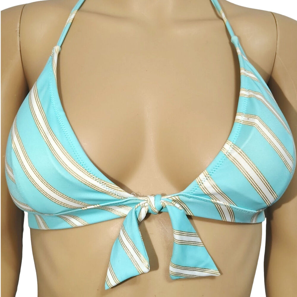 2013 Victoria's Secret Tie-Front Halter Bikini Top Teal Gold Stripes Size M